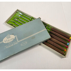 1970s Vintage Viking Fondue Forks Stainless Steel w/wooden colored handles Japan